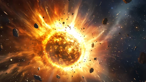 Blazing cosmic explosion surrounded by drifting asteroids.