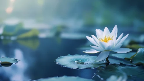 White water lily rendered with shallow depth and soft bokeh lighting