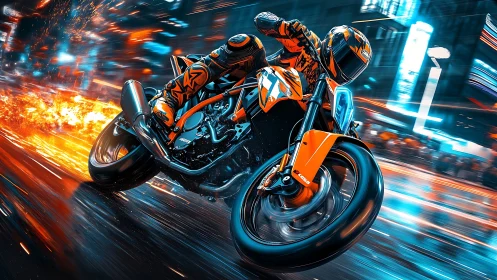 Neon-lit street racer tears through a blazing cyber city