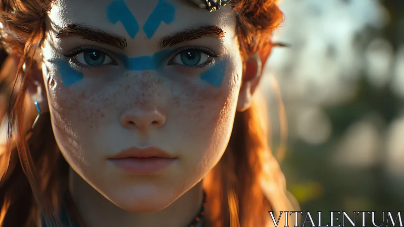 Focused red-haired warrior portrait with blue face paint.