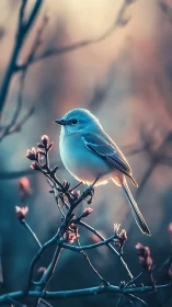 Cerulean Songbird Perched Among Blush Blossoms.