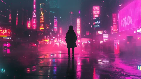 Lone figure wanders neon city streets in rainy cyber dusk.