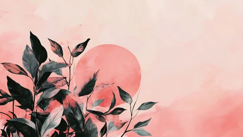 Dark leaves silhouetted against soft pink sun backdrop.