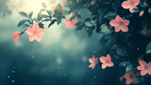 Pink flowers with foliage in soft-focus atmospheric setting.