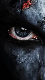 Iridescent human iris under fractured warpaint micro‑closeup.