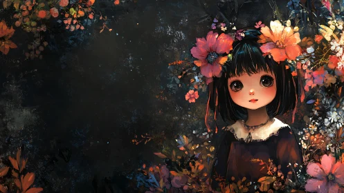 Midnight flower child amid luminous painted blossoms.