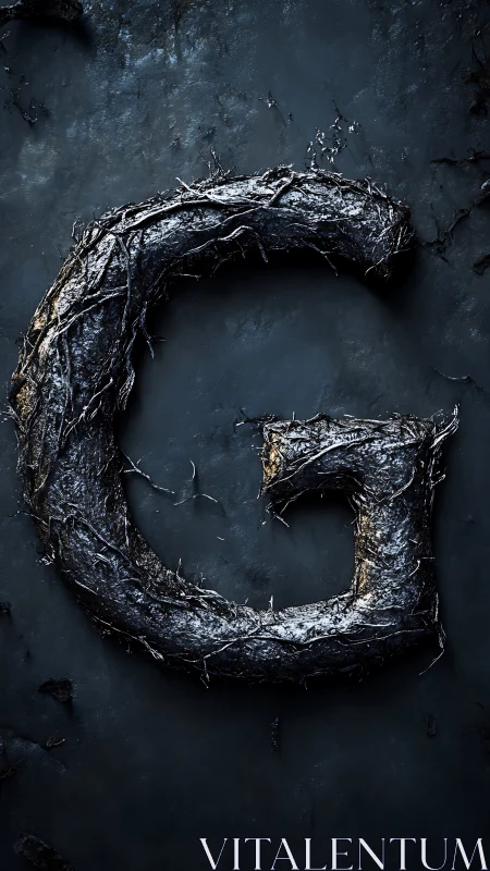 Root-entwined metallic G on eroded slate substrate.