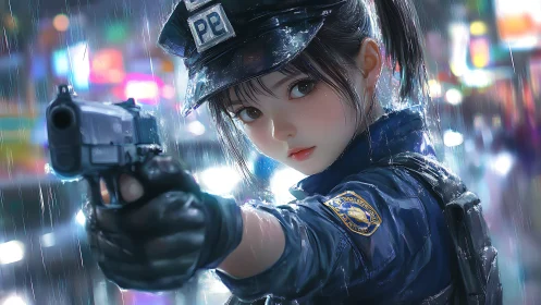 Rain-soaked anime police officer aims pistol in neon-lit street