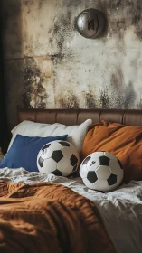Soccer balls quietly guard a cozy rust-toned bedroom retreat