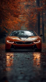 Orange sports coupe stands on wet forest road at dusk