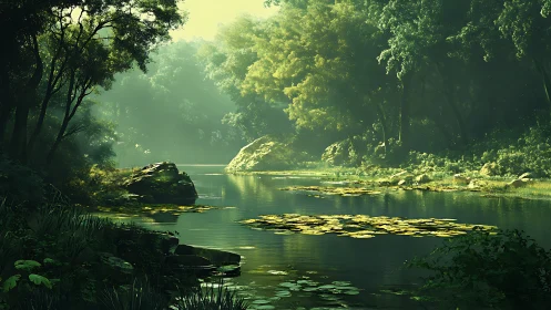 Backlit forest river with volumetric light and dense foliage