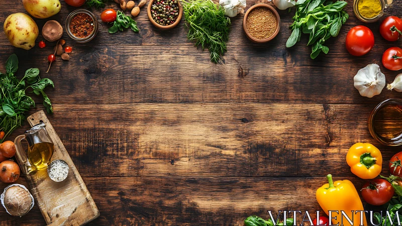 Colorful fresh ingredients circling a rustic wooden table.