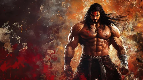 Warrior with fiery aura amid abstract battle chaos.