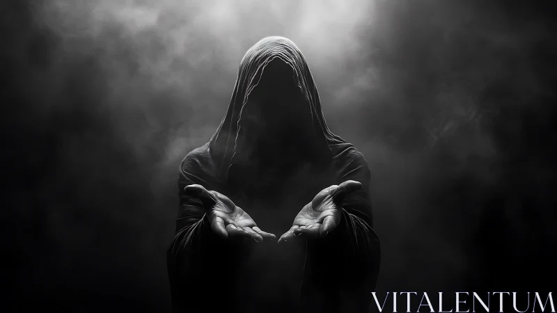 Hooded figure extends open hands amid dense monochrome fog