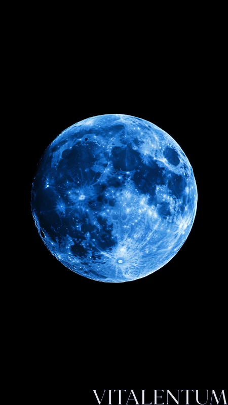 Lunar surface in monochrome blue against black background.