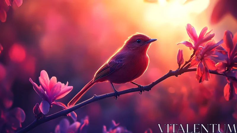 Scarlet songbird poised on blossom branch at glowing dusk.
