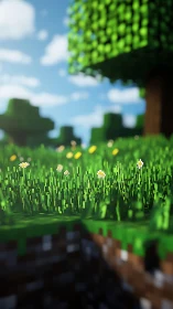 Blocky voxel meadow shows detailed grass and flowers