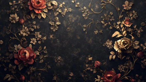 Vintage florals bloom across aged dark canvas in romantic botanical composition.