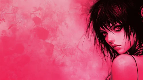 Neon magenta digital portrait of pensive woman on abstract field.