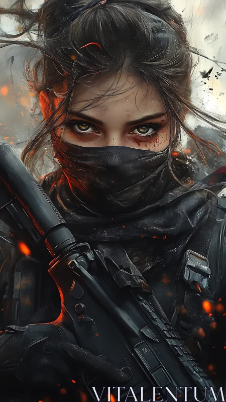 Fierce masked warrior holds her rifle in glowing embers