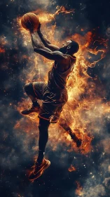Basketball dunk trajectory rendered as explosive flame vector field.