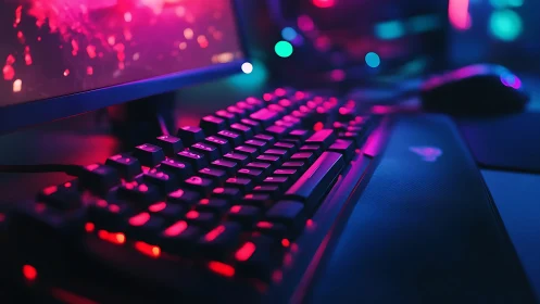 RGB gaming keyboard glows beneath widescreen monitor