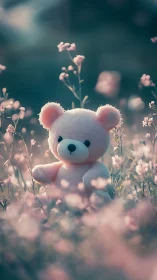 Soft-focus teddy bear portrait in pastel floral meadow vertical.