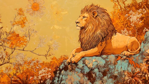 Majestic lion on rocky ledge amid golden floral forest.