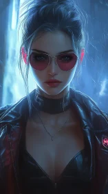 Cyberpunk rebel woman in red glasses and leather jacket.