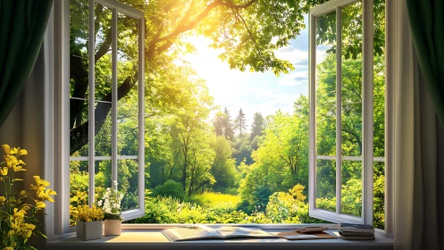 Sunlit forest morning framed by a quiet open window.