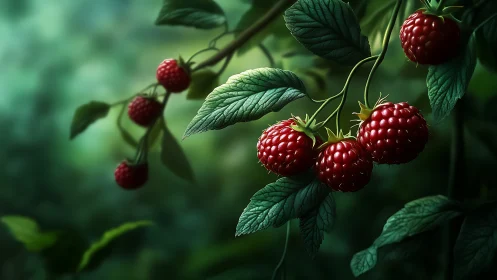 Twilight forest raspberries glowing like secret lanterns.