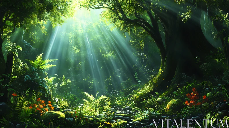 Forest interior with directional light rays and dense vegetation.