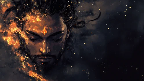 Meditative male face with glowing ember and cosmic smoke.