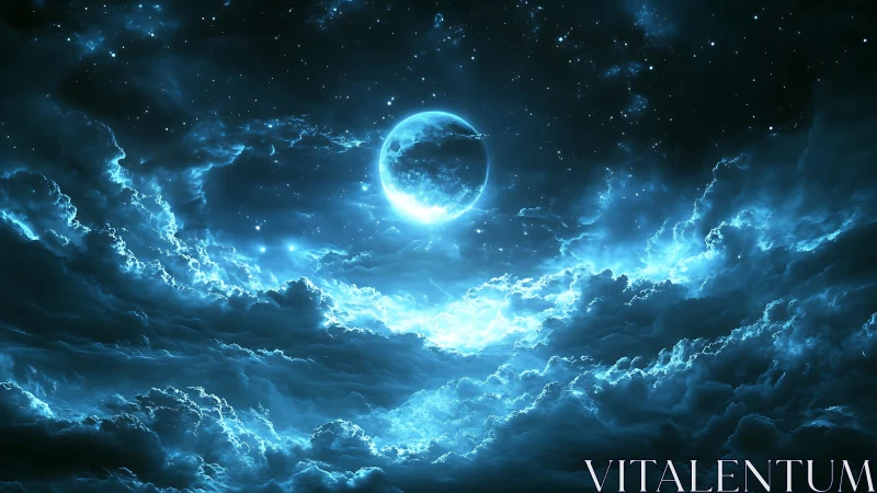 Luminous lunar sphere illuminates turbulent volumetric cloudscape