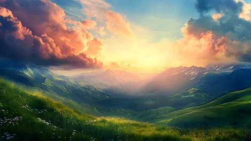 Sunlit alpine valley rendered with high dynamic range cloudscape