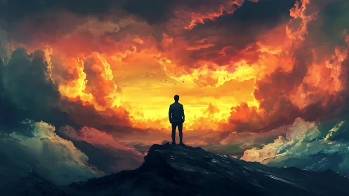 Solitary observer silhouetted against high-contrast infernal sky