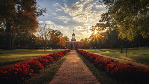 Symmetrical campus avenue directs gaze to domed hall at sunrise