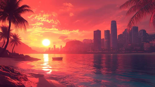 Tropical shoreline with city skyline at vivid red sunset.
