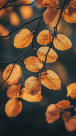 Orange autumn leaves on thin branches in soft focus view.