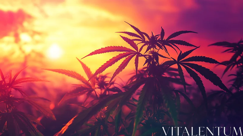 Cannabis plants in warm sunset light with vivid sky colors.