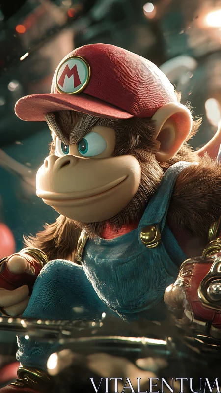 Cartoon monkey in red cap and overalls rendered in 3D