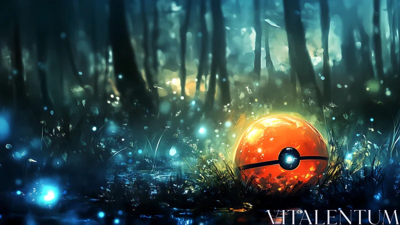 Luminous red sphere resting in bioluminescent forest clearing.