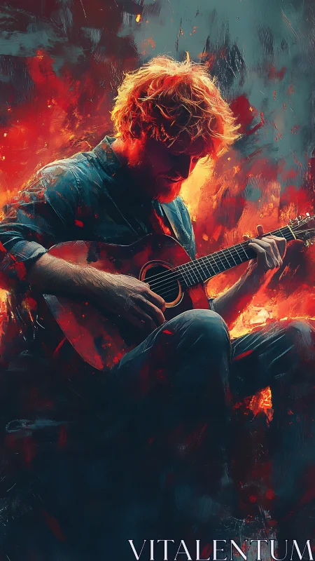Guitarist glows in fiery abstract light while lost in melody