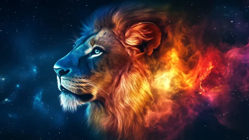 Majestic cosmic lion gazes into deep space in vivid fire