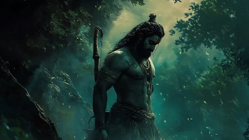 Forest warrior pauses in quiet, mystical green light