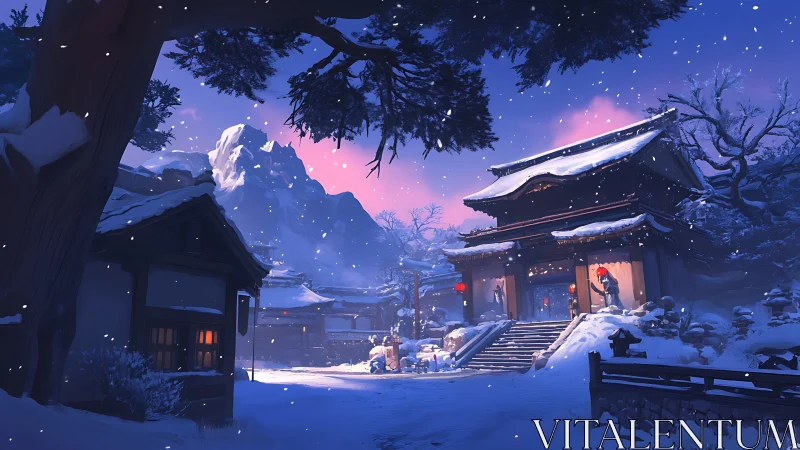 Snow-laden temple complex under dusk-gradient alpine sky.