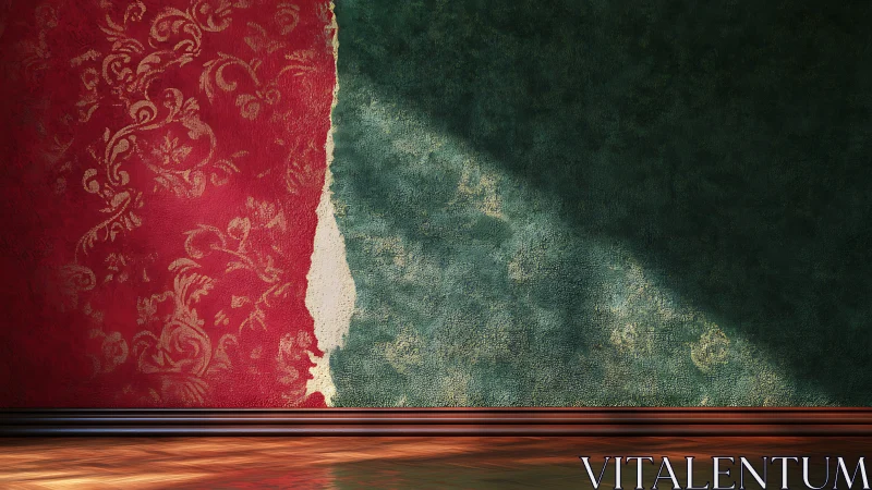 Torn red patterned wall exposing textured green paint.