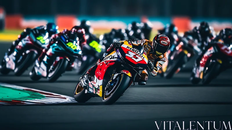 Motorcycle racer leans into night circuit corner at speed