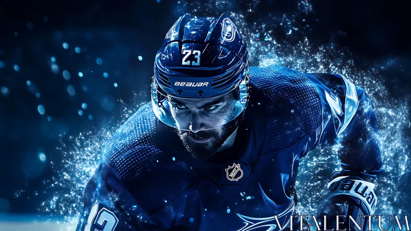 Intense ice hockey hero charging forward in a storm of blue.