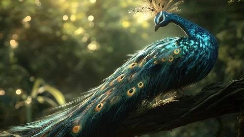 Majestic peacock in a sunlit forest, vibrant and detailed art.